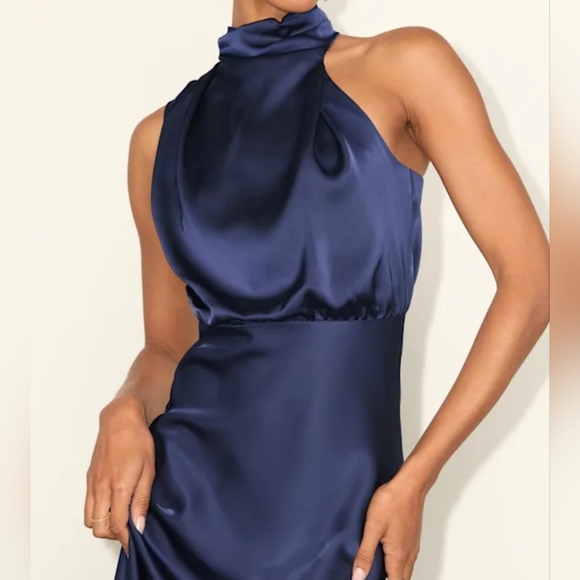 Lulus Women's Distinctive Charm Navy Blue Satin Asymmetrical Midi Dress, XS - Picture 5 of 10